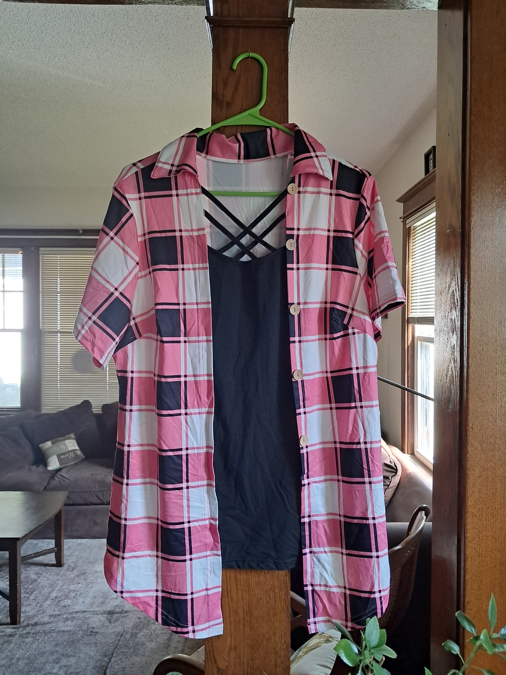 Pink Black Plaid Short-Sleeve Shirt - Casual Women's Button-Up